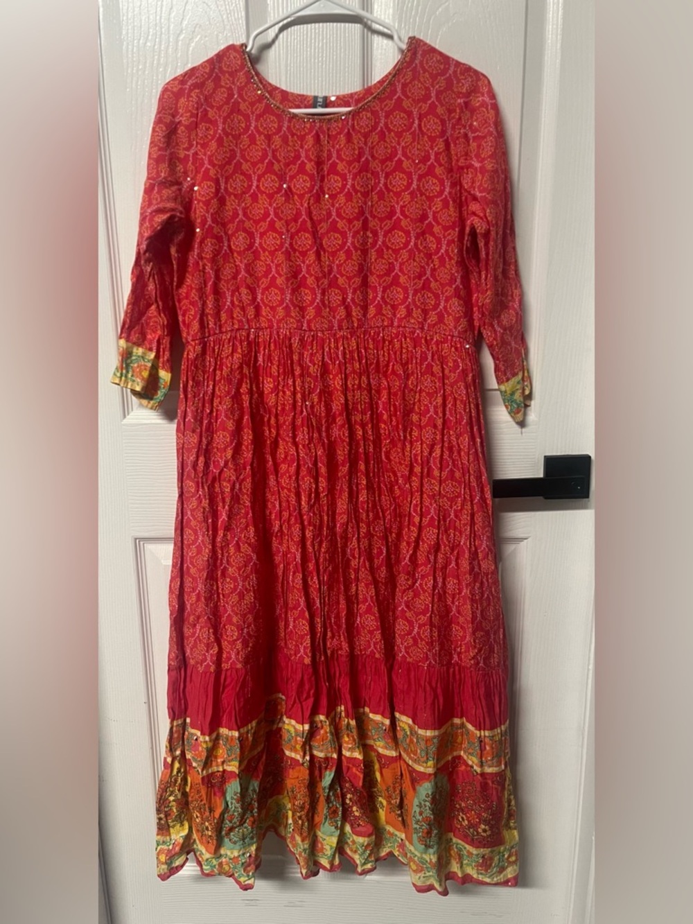 Taruni Boho Mixed Print Maxi Dress Size M Coral Floral Tiered Bell Sleeve Sequin
